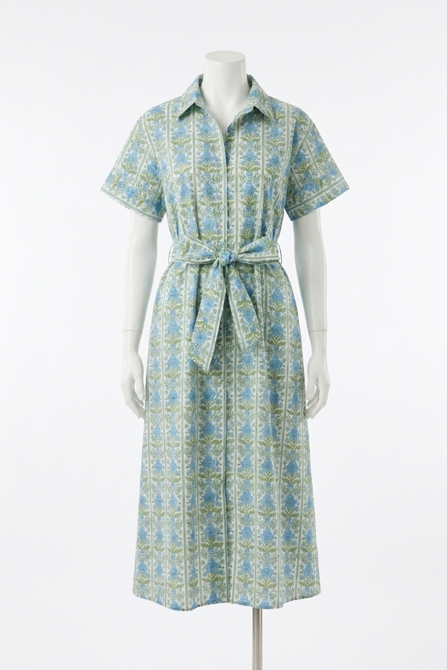 NEW ENTRO celeste midi dress in green and blue floral